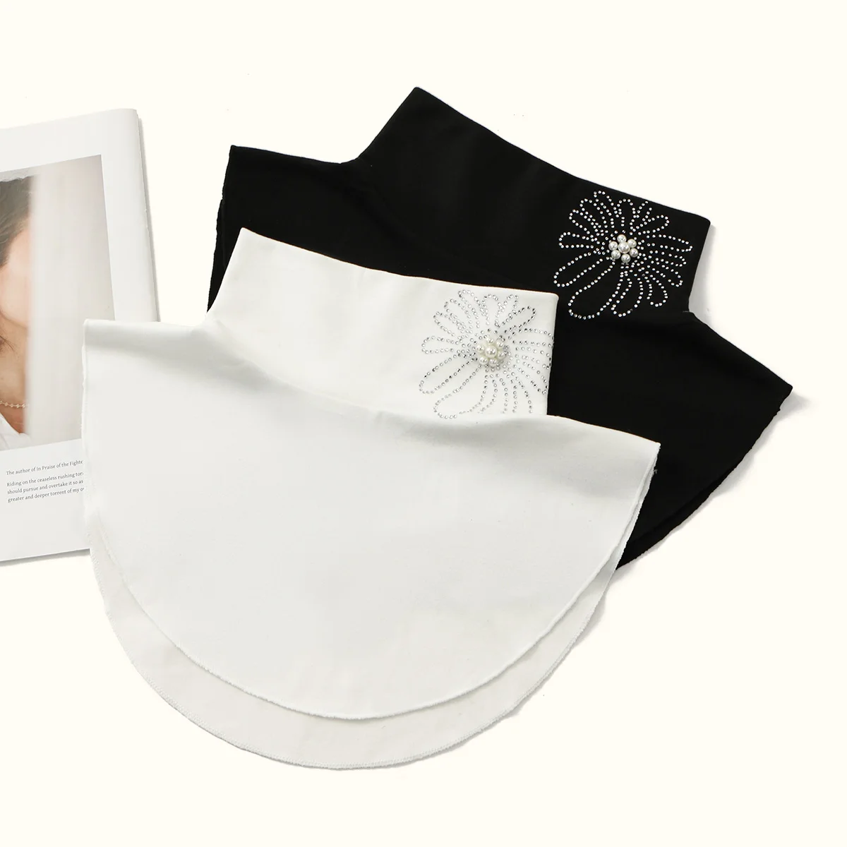 女性用パール取り外し可能な襟花柄ラインストーン付け襟秋冬防風ネックウォーマーヒジャブの下に着用するのに最適タートルネック