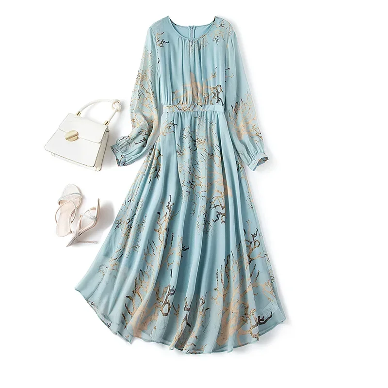 

High Quality 100% Silk Summer Dresses For Women 2024 Floral Maxi Dress Long Sleeve Dress Female Korean Fashion Vestidos Pph4975