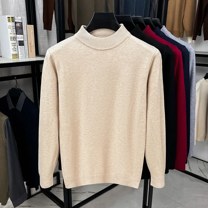 Male Comfort Mock Neck Jumper Long Sleeve Rib Trim Breathable Knit Fabric Business Travel Casual Garment