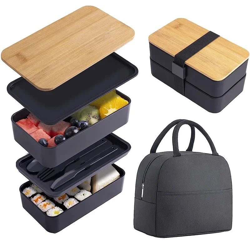 Bento lunchbox voor volwassenen, 2-laags voedselopslagcontainerset met bestek voor kinderen/kinderen, scherper magnetron- en vaatwasmachinebestendig