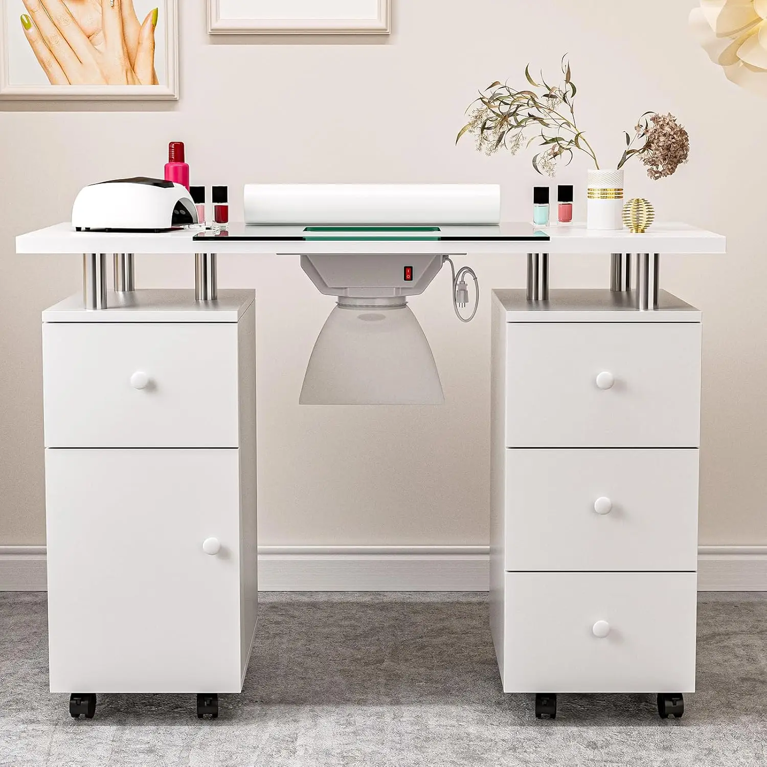 Manicure Glass Top Nail Tech Desk, Nail Table Station para Nail Tech, DownDraft elétrico Vent, Almofada de pulso