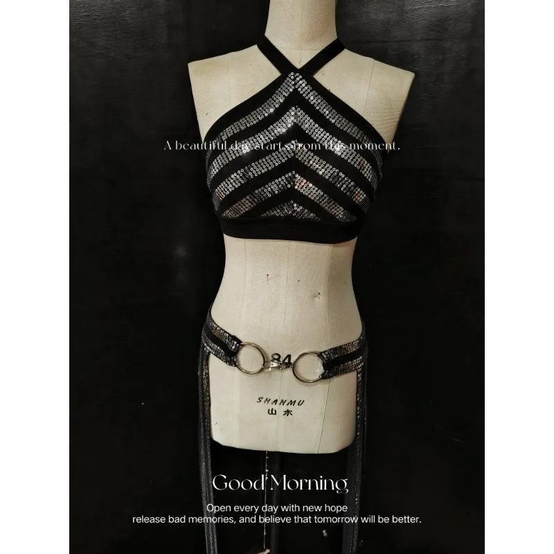 Costumi di danza del ventre tribale Fusion personalizzati Set di prestazioni Top e sciarpa semplice con cintura in vita