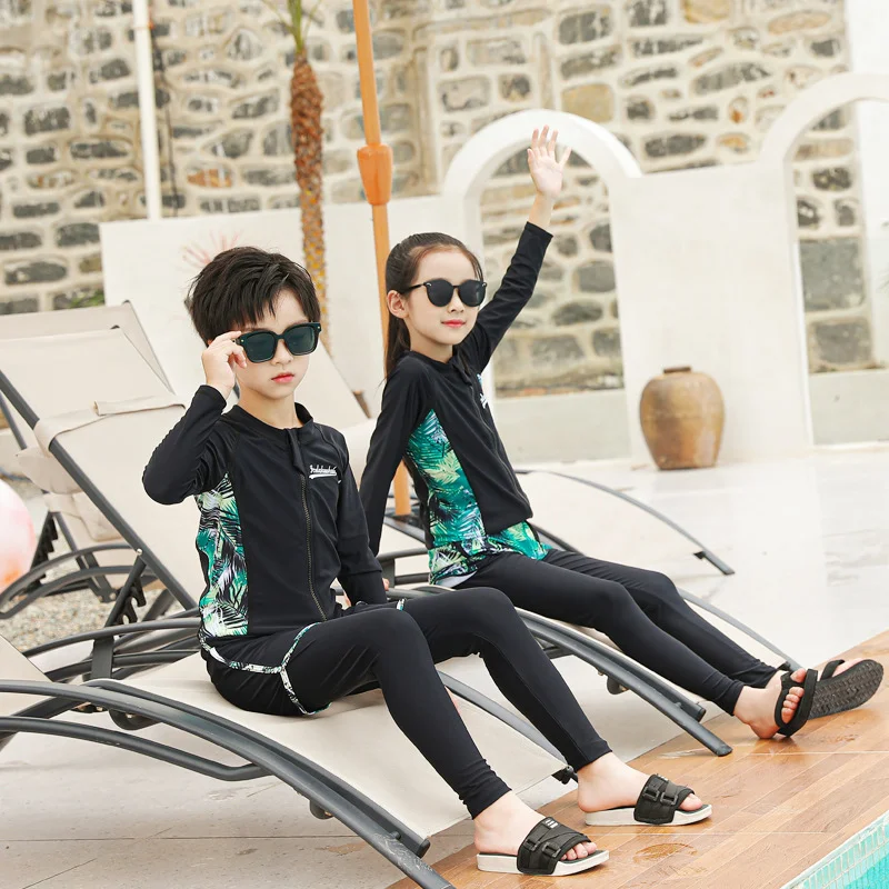 Boys Girls Swimsuit Kids Long Sleeve Zipper Rash Guard Print UV Protection Quick Dry Swimming Surfing Snorkel Bathing Suit