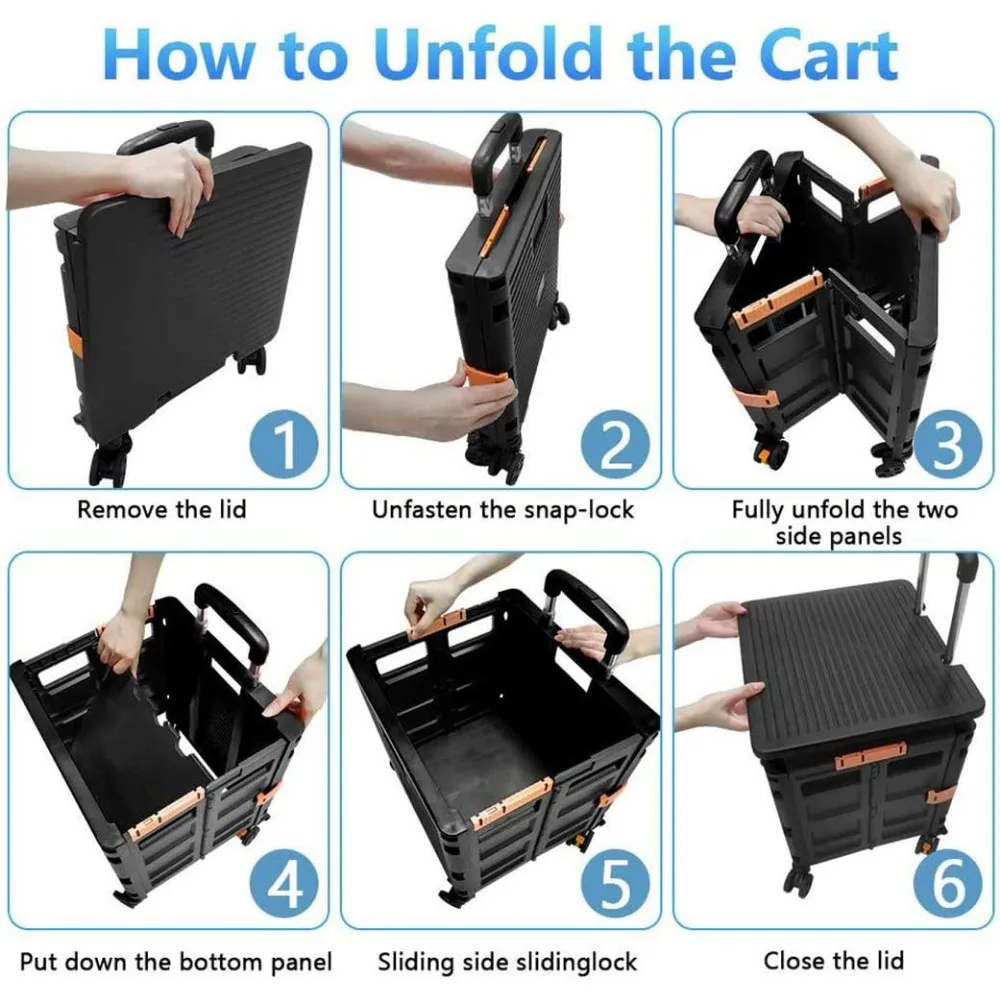 عربة أدوات قابلة للطي مع غطاء، عربة دوارة محمولة للتسوق والسفر والتخزين، باللون الأسود #3