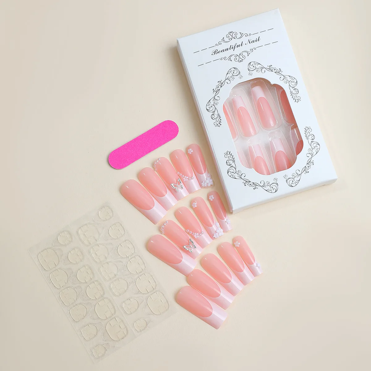 24 pçs francês pérola flor imprensa em unhas liga borboleta unhas simples cobertura completa wearable unhas falsas