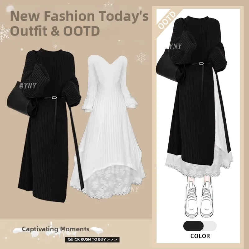 

Sweet Sweater Jaet Women's Autumn Winter New Sle Long Sve Slimming Dr Two Piece Set Faionable Casual Wear