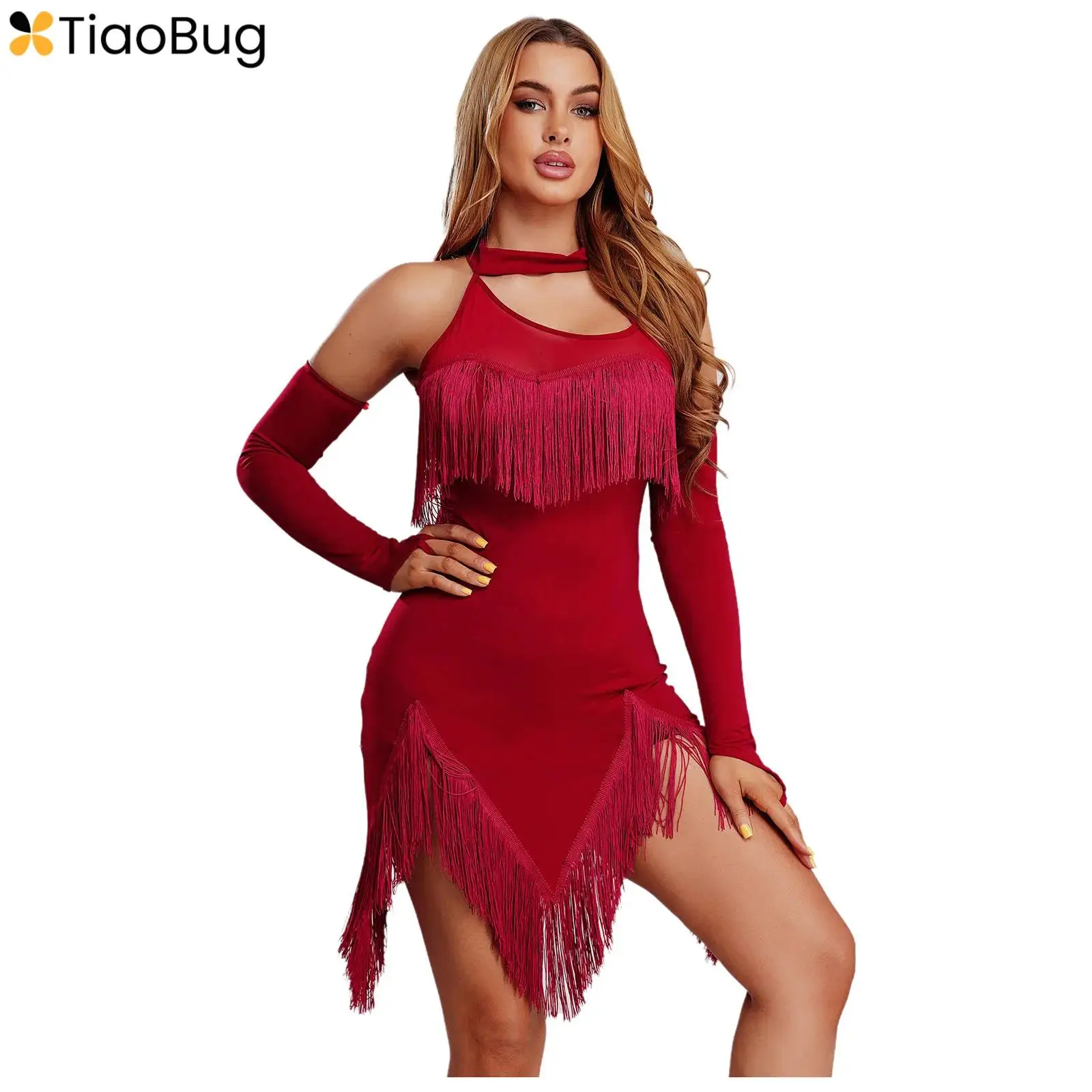 

Womens Latin Chacha Dance Dress 2-Piece Halter Sleeveless Tassel Irregular Hem Dress+Safety Shorts+Gloves for Dancing Class Ball
