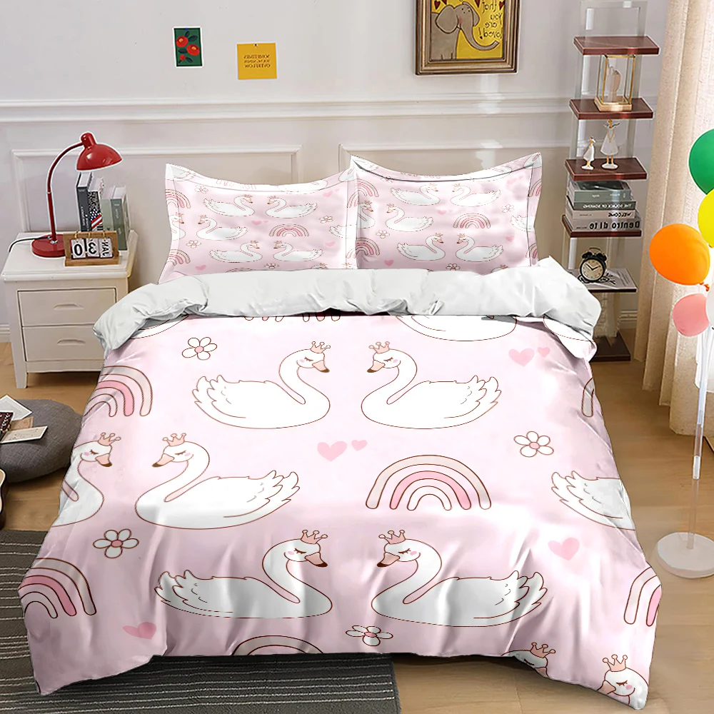 

Swans Flowers Rainbows Pink Background Print Bedding Set 1Duvet Cover 2Pillowcases for Adult and Children Luxury Gift Full Size