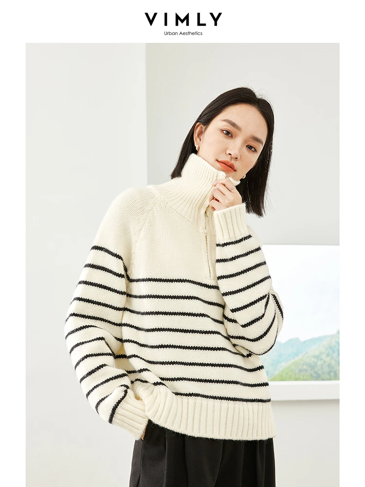 Vimly Contrast Striped Sweater 2023 Winter Knitted Pullovers Half Zipper Lapel Loose Tops High Strecth Jumpers Knitwear 16369