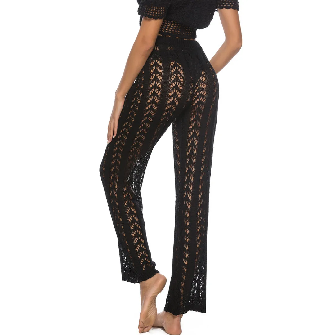 S - XL Damen-Häkel-Strick-Strandhose, ausgehöhlte, elastische, gerade geschnittene, lässige Hose, Urlaub, Strand, weites Bein, Bikini-Überwurf V2651 – Detail 27