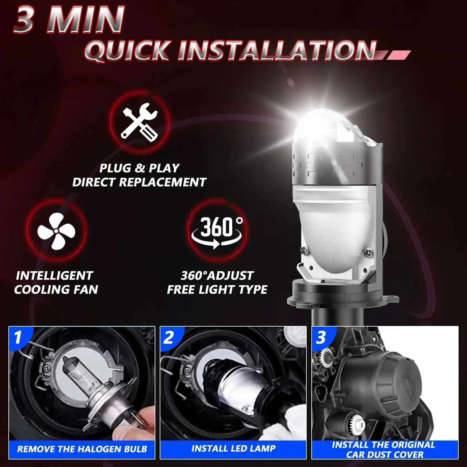 H4 Projector Lens LED Headlight Car Motorcycle 10000LM 100W Plug&Play Turbo Fan Lamp High Low Beam Wireless Auto Bulb image 5