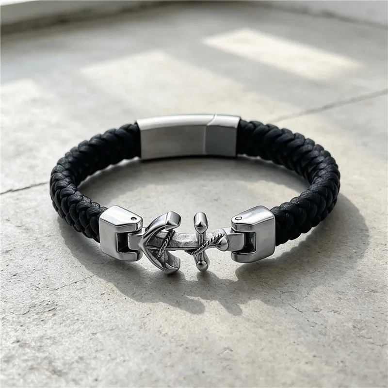 Personalized Men's Leather Rope Woven Stainless Steel Boat aAccessory Bracelet Magnetic Buckle Bracelet