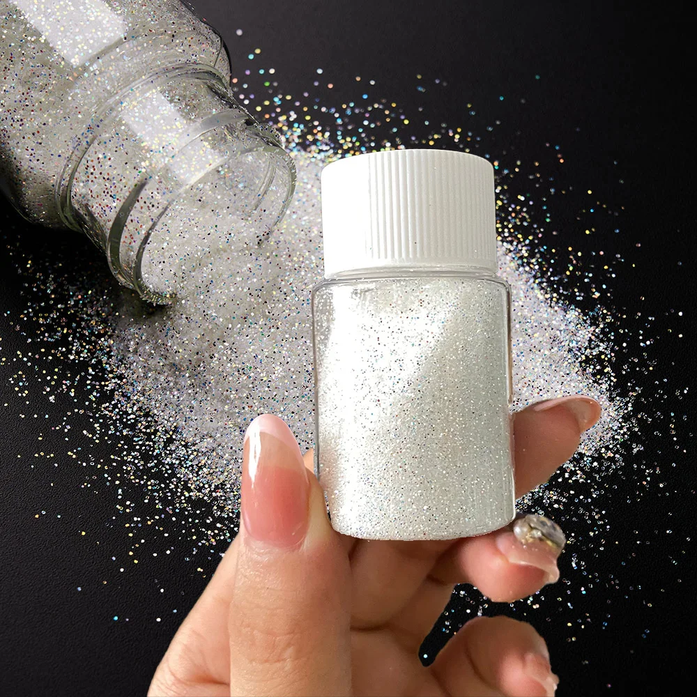 Poudre de Paillettes Blanches Fine, Super Brillante Holographique, Suger de Sable, Pigment Aurore Iridescent, 0.2mm, Poudre Fine 0,2mm-1/128 x, 18 Couleurs