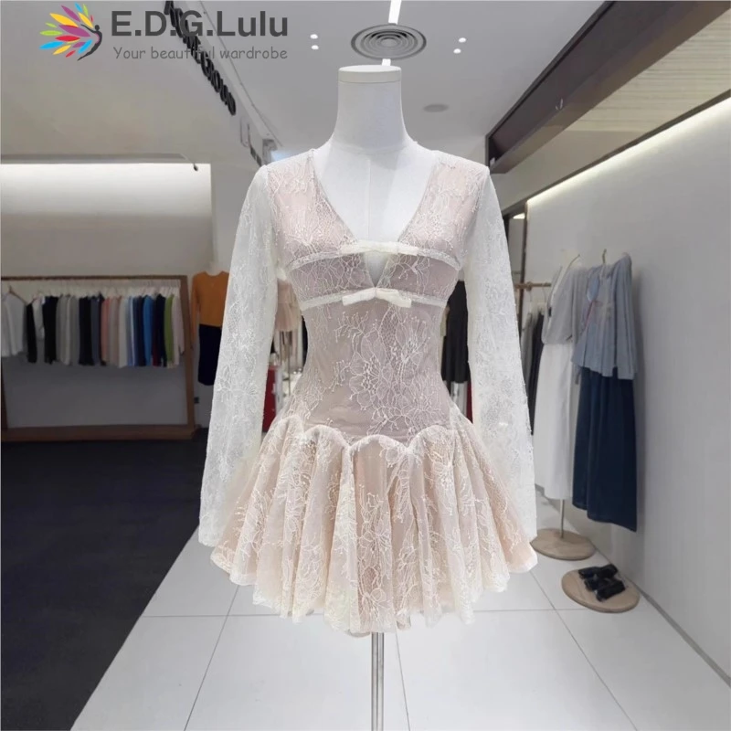 EDGLuLu セクシーな V ネックボウスプライス長袖ブルードレス女性レース中空刺繍花ミニパーティードレス 0929
