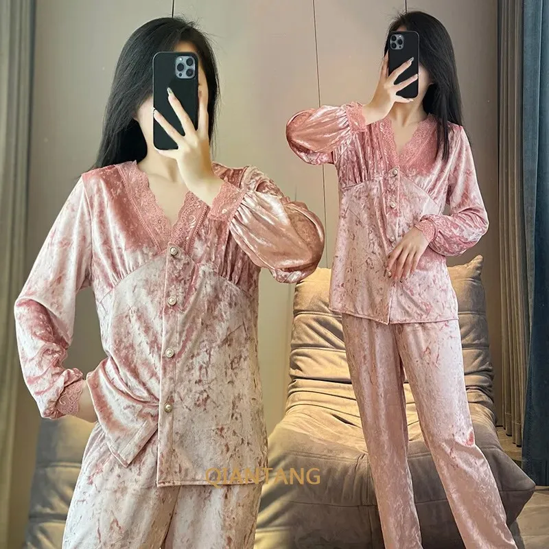 

Velour Lace Sleepwear Pijamas Suit Autumn Winter Female Pajamas Set Lady Homewear Casual Velvet V-Neck Nightsuits Lingerie