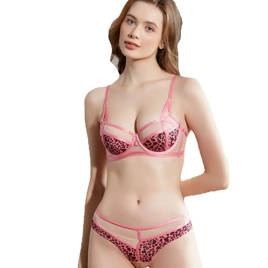 

Sexy Leopard Lingerie Set Gathered Hollow Thin Belt to Collect Breasts Bra on the Thin Bottom Thick Soft Steel Ring Bra Set