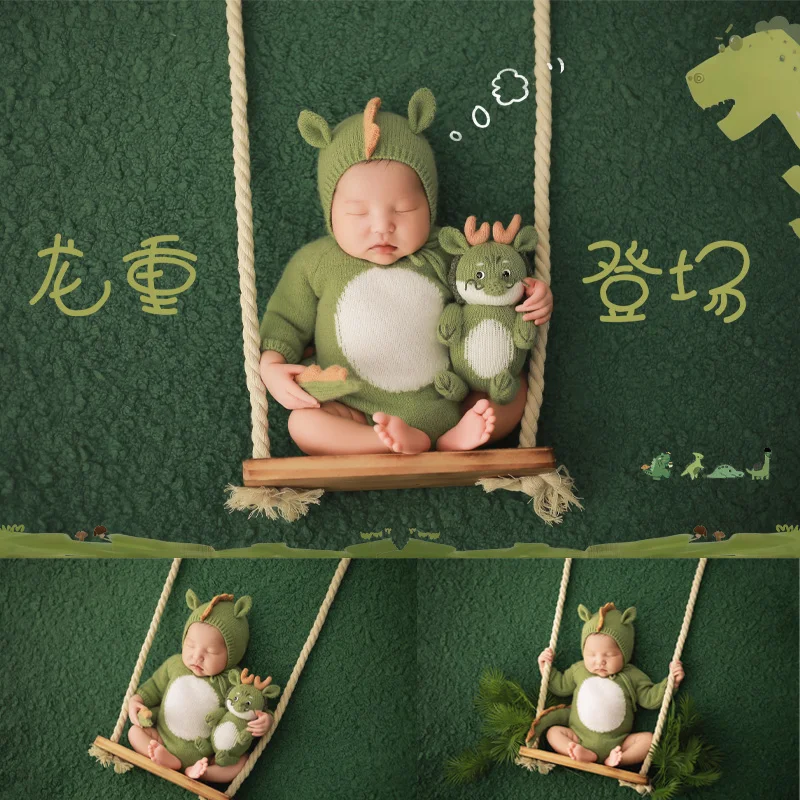 Knit Newborn Photography Outfits Knitted Clothes With Tail Dragon Ear Hat Small Green Dragon Photoshoot Theme Studio Photo Props