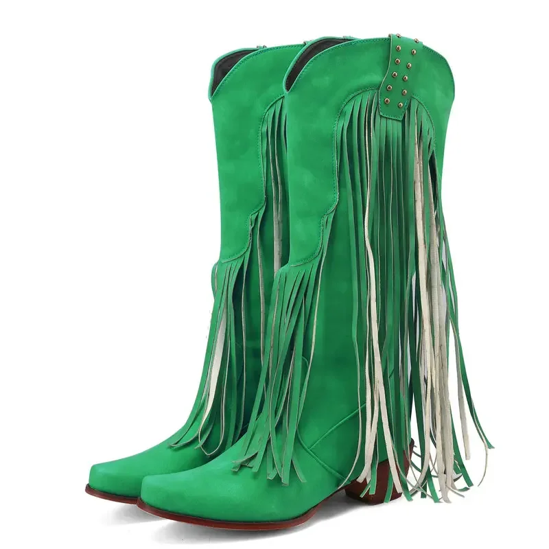 Curved Toe Green Blue Mid-calf Western Botines Shoes With Fringes American Cowboy Chunky Heels Winter Boots For Wide Calf Leg