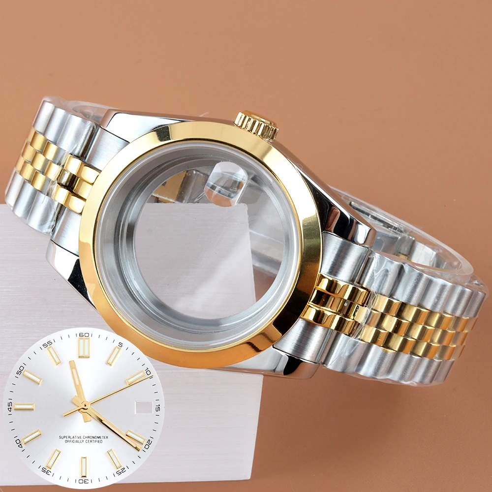 

39mm/36mm NH35 Watch Case Jubilee Watchbands with white Dial Hands Blue Luminous Fit Datejust NH35 NH36 Movement Watch Parts
