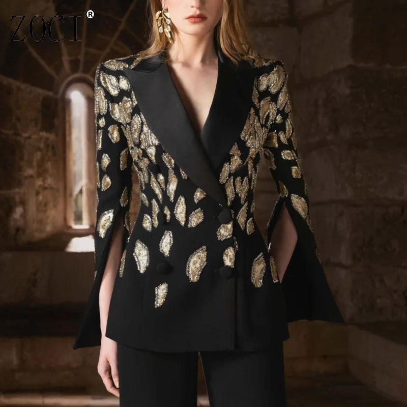 

ZOCI блейзеры с блестками для женщин, элегантный пиджак во французском стиле, женские офисные пальто с зубчатым воротником, осень 2021, новые топы