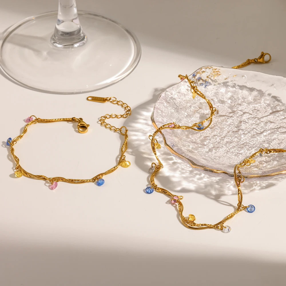 Damen-Set aus 18K vergoldetem Edelstahl mit Naturstein-Kette, Armband und Halskette im Urlaubsstil, farbenfroher edler Schmuck – Detail 2