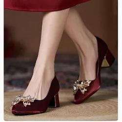 Women's Shoes High Heels Pointed Toe Thick Soled Sandals Lace Up 2024 Slip On Sexy High Heels Burgundy