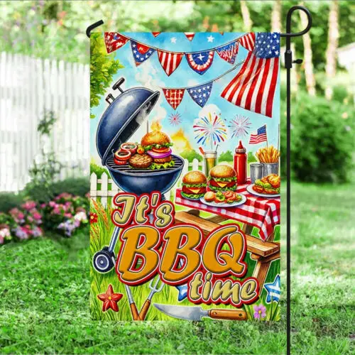 Happy 4th of July It’s BBQ Time, BBQ Summer Flag Garden Flag