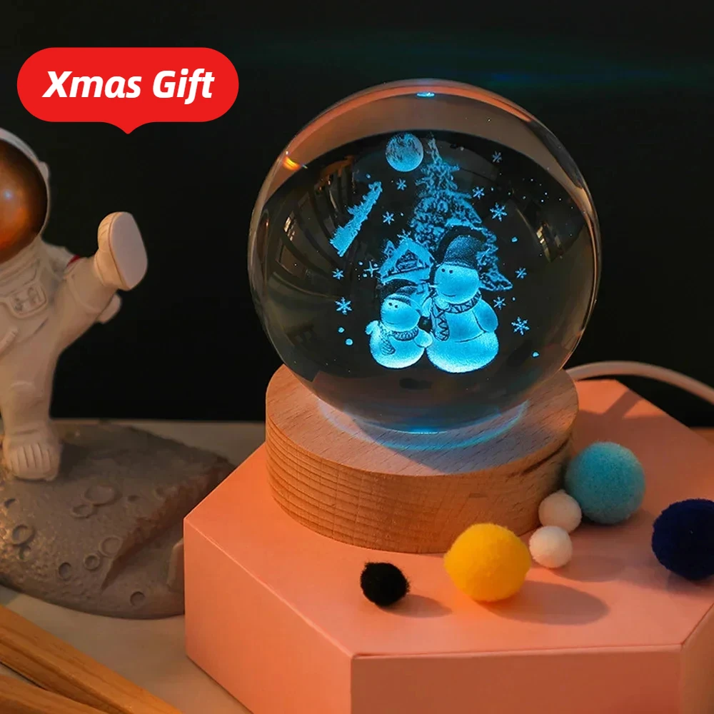 6cm 3D Crystal Ball Lights Lamp GalaxyMoon Saturn Shape RGBColor Change  Bedside Sleeping Light Home Decor Christmas Gift