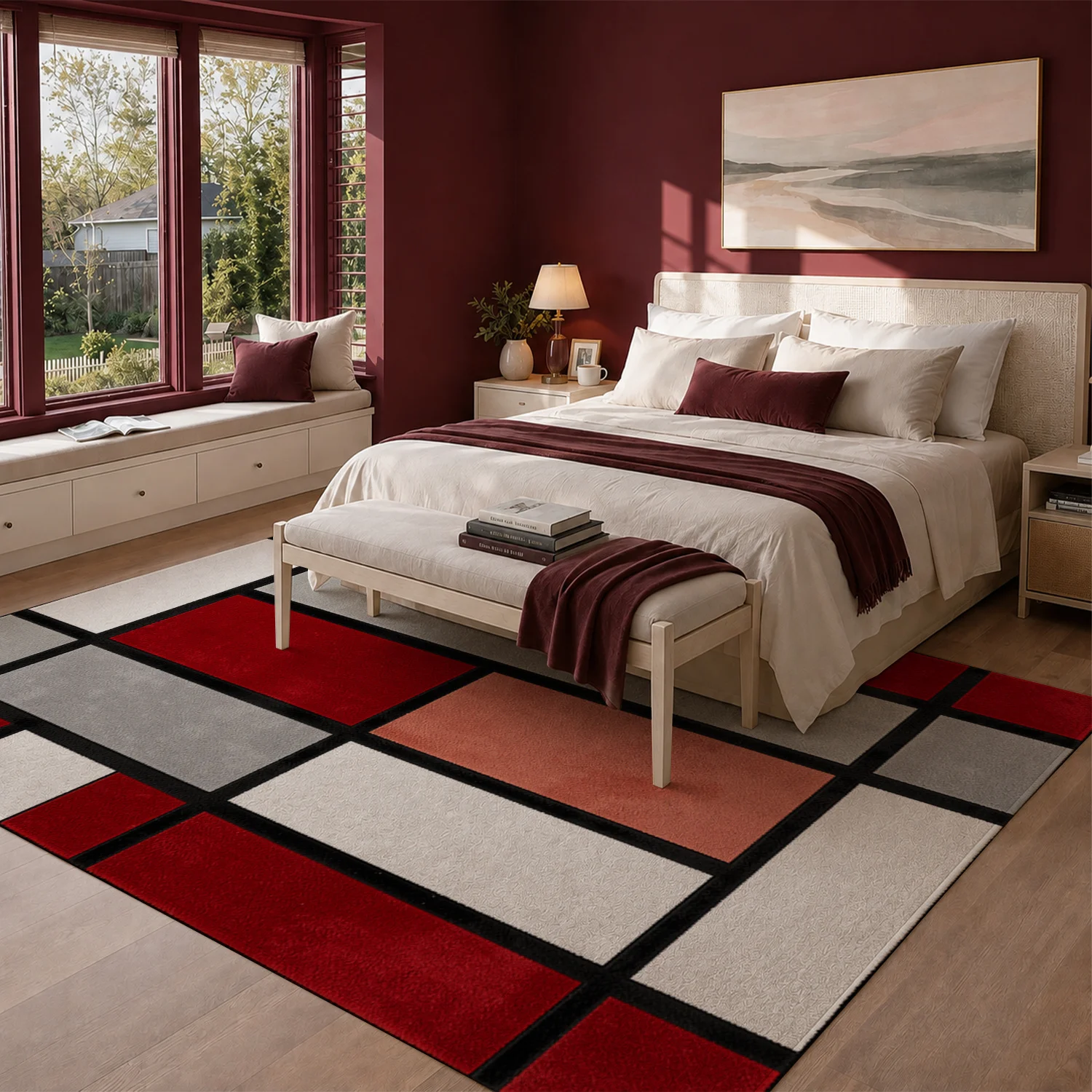 Geometric Mondrian Style Blocks Velvet Area Rug, Machine Washable Soft Plush Floor Rug for Living Room, Bedroom, Entryway, Dining Room, Ideal for Halloween, Thanksgiving, Christmas, New Year, Black Friday, Cyber Monday Home Decor