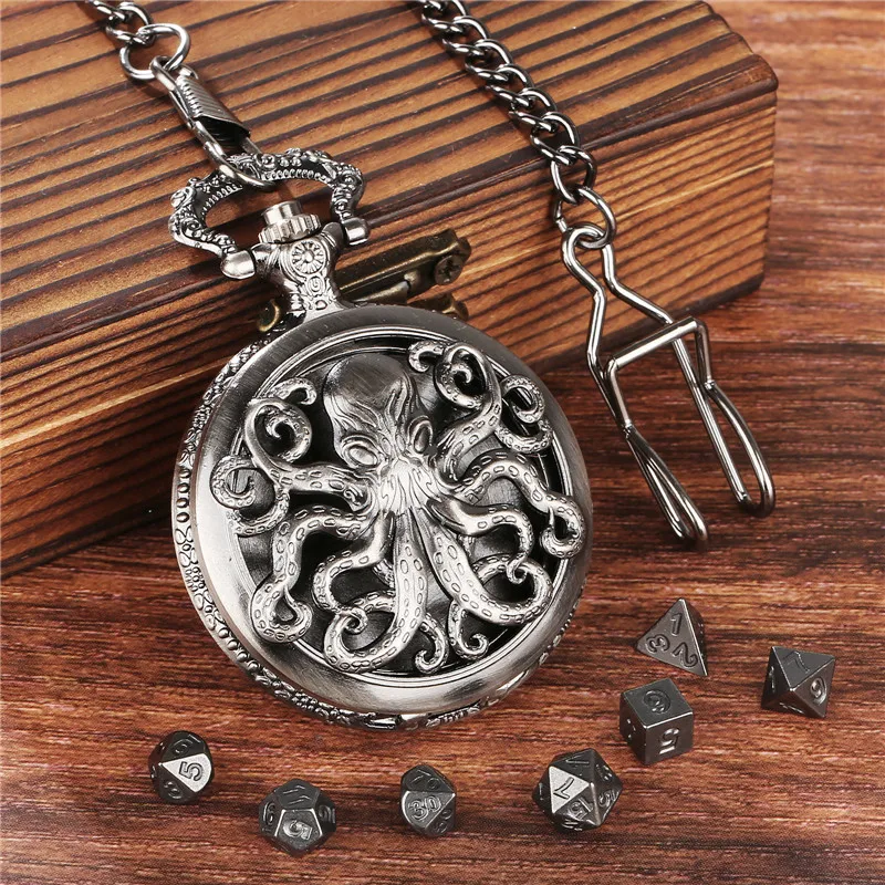 Bronze Hollow Octopus Pocket Watch Case with Fob Chain 7Pcs Tiny Metal Polyhedral Dice Set Role Playing Board Games Accessory