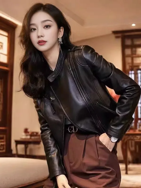   Giacca da moto da donna in vera pelle di pecora, nera, con collo alto, nuova collezione autunno 2025