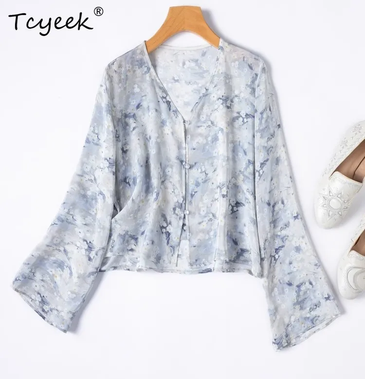 

Tcyeek Women's 100% Mulberry Silk Shirt, Double Crepe V-Neck Printing Sun-Protective Long Sleeve Clothing,2025 Summer T55745JF