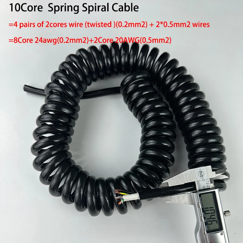 10Core PUR Spring Spiral Wire 8Core Network Wire twisted pair and 2Core 0.5mm2 Power Cable Shrinkable Cable Telescopic Wire