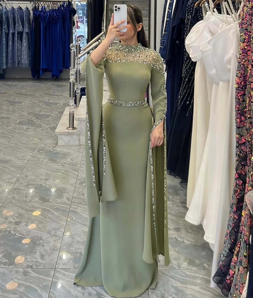 

Lzhk Customized Luxury Sequined Crystal Jersey Mermaid Evening Dress Temperament High Collar Long Sleeves Celebrity Gowns