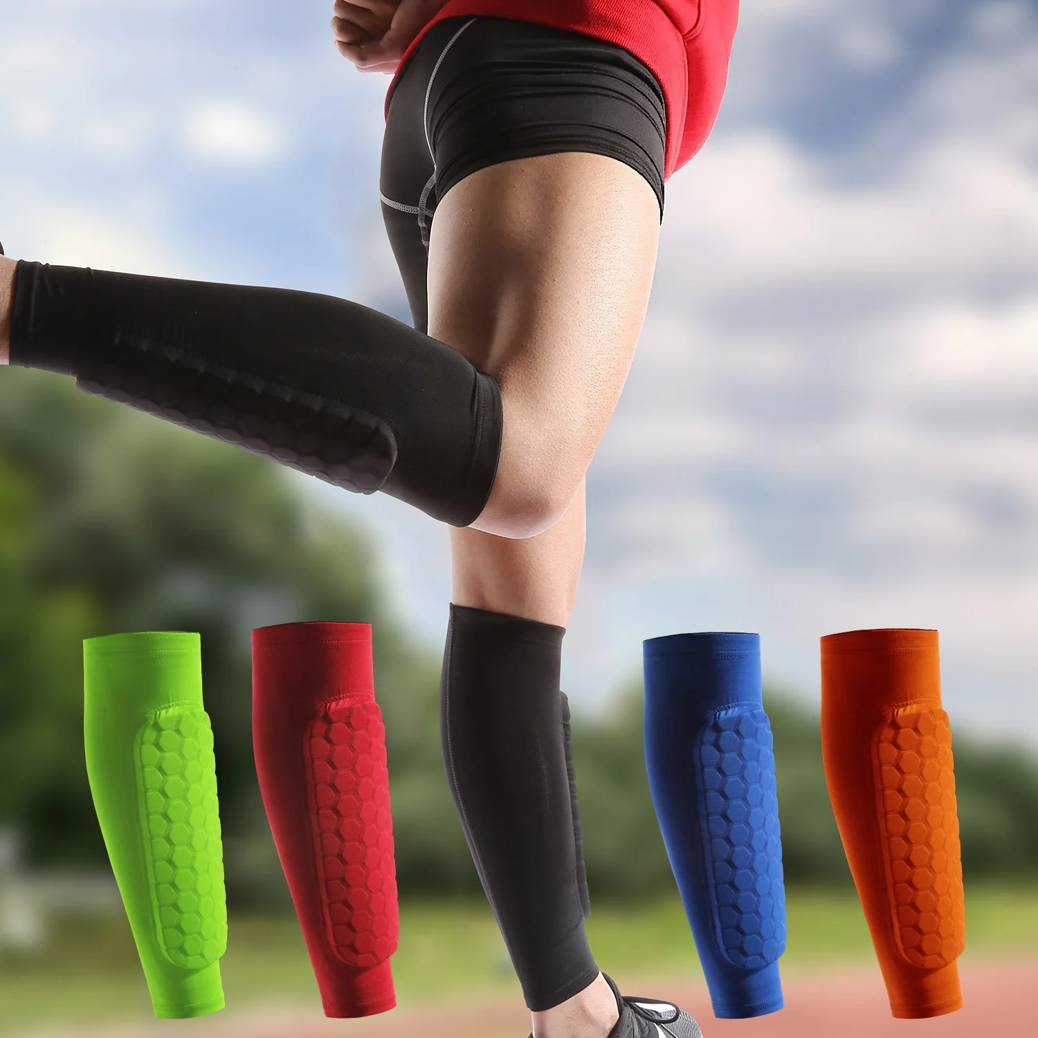 Fußball-Schienbeinschoner-Socken mit Schaumstoff, Waden-Kompressionsmanschette mit Wabenpolstern, Sport-Leggings & Fußballausrüstung