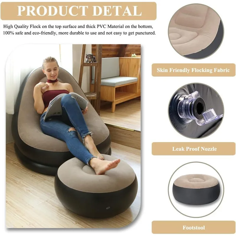 Inflatable Chair With Foot Mat Blow Up Couch Outdoor Sofa Recliner PVC Flocking Folding Furniture Air Bed Sleeping Bag