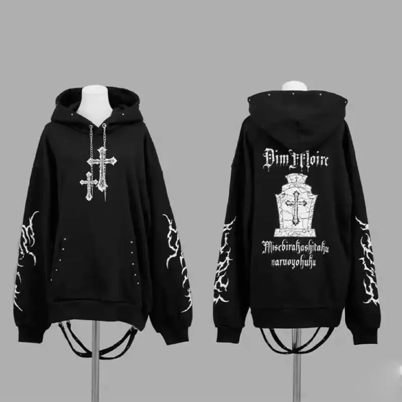 النمط الياباني Y2K ثقافة فرعية شيك بلوزات النساء القوطية الظلام الصليب طباعة الشارع فضفاض هوديس الخريف الشتاء ملابس كاجوال #2