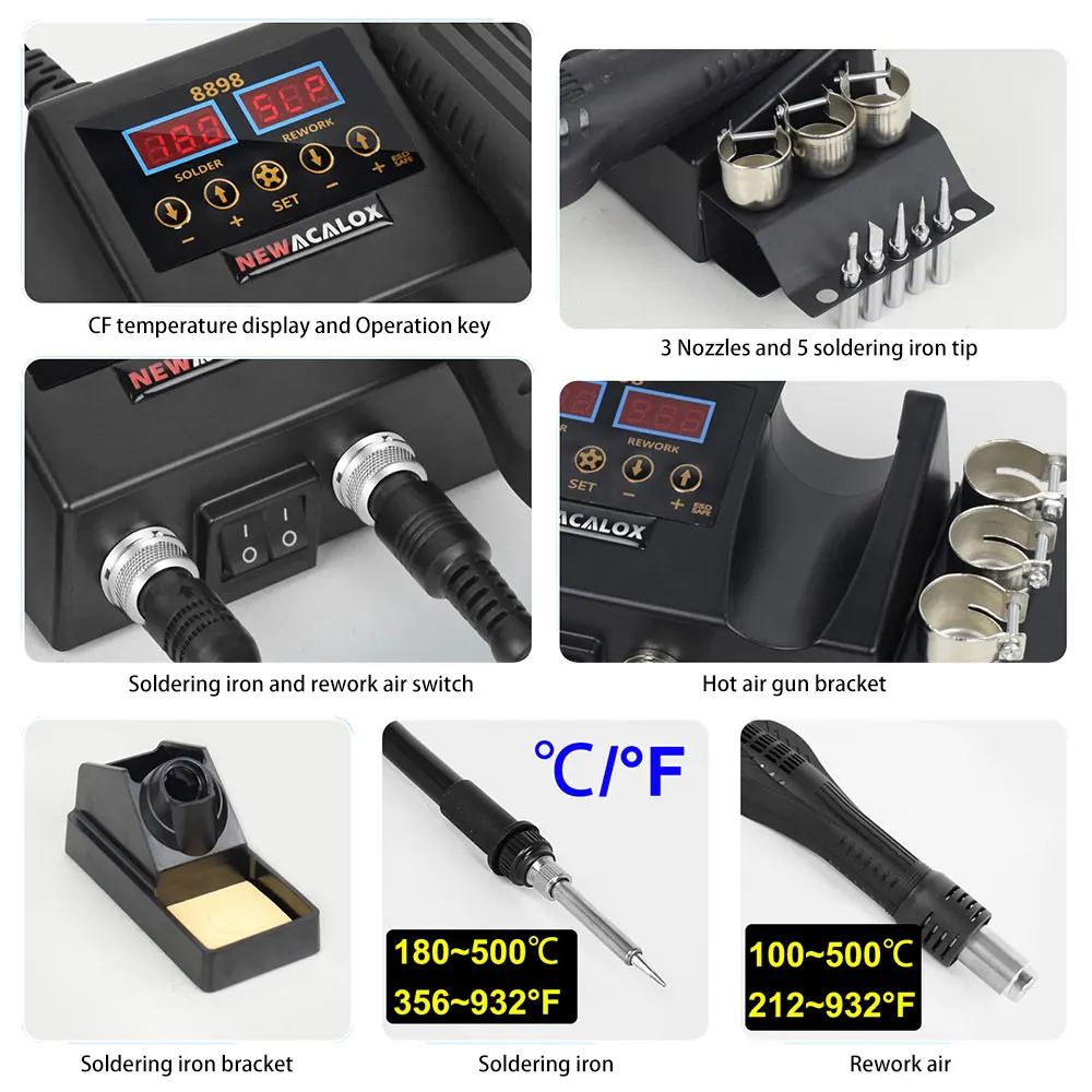 8898 2 in 1 Soldering Station Digital Display Hot Air Gun Set Welding Rework For BGA SMD PCB IC Repair Solder Iron Tools