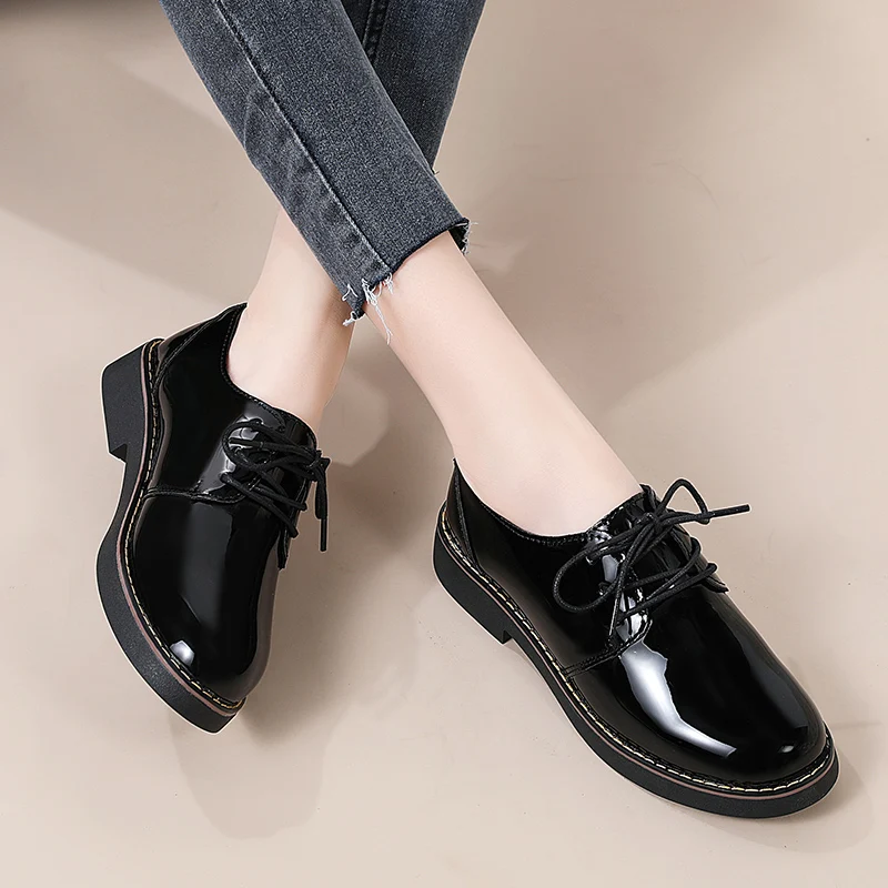 New round head women\'s shoes lace-up small leather shoes black British style single shoes low heels casual flat business