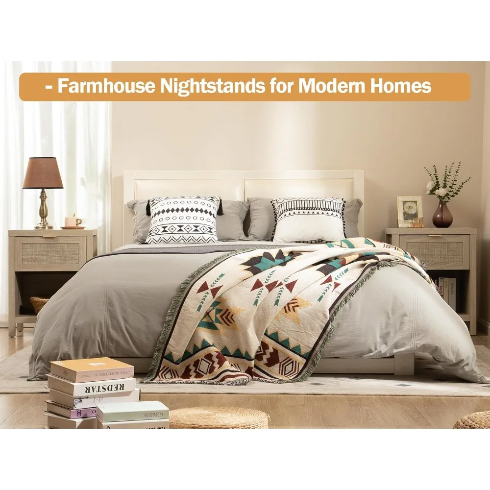 جديد - مجموعة طاولات ليلية من الروطان مكونة من قطعتين، طاولة بجانب السرير مع درج ورف تخزين - طاولة جانبية بوهو - شعبية #4