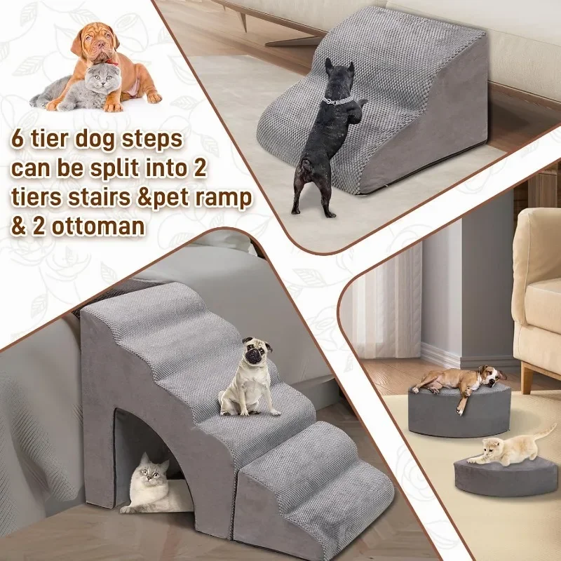 Foam Dog Stairs & Steps Ramps for High Beds 25-30 inches High Tall,6 Step Pet Steps，Non-Slip for Small Dogs,Older Dogs/Cats