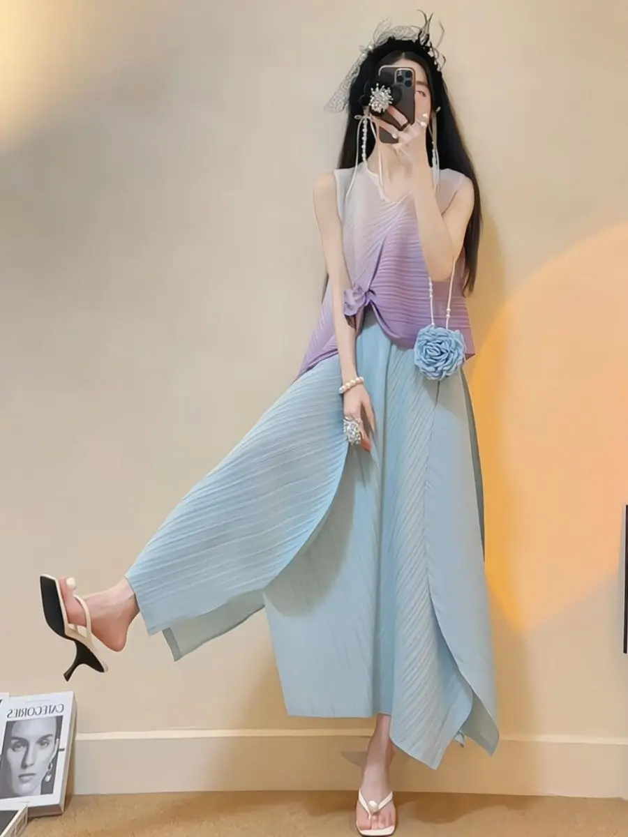 

New High Quality Fashion Women's Two Piece Set Summer Irregular Sleeveless Gradient Blouse Top + Casual High Waist Skirt Outfit