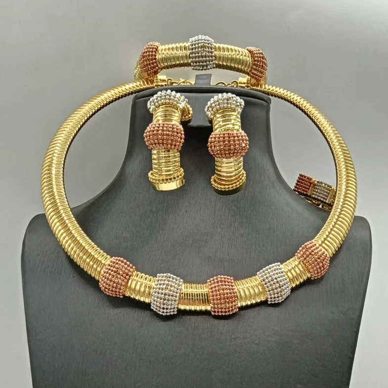 Beautiful Simple Three Tone Beads Skeleton Jewelry Set Fashion Wedding Necklace Bracelet Earrings Ring 4PC Jewellery for Party