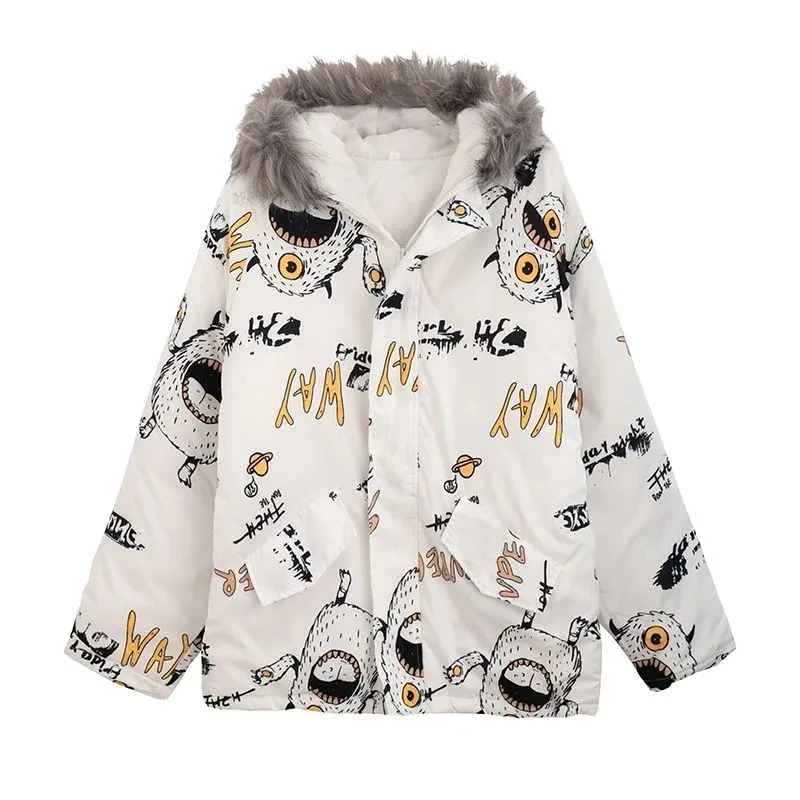 2025년 신상 여성 겨울 다운 코튼 코트, 여성용 만화 프린트 소매 파카, 두꺼운 아우터 탑