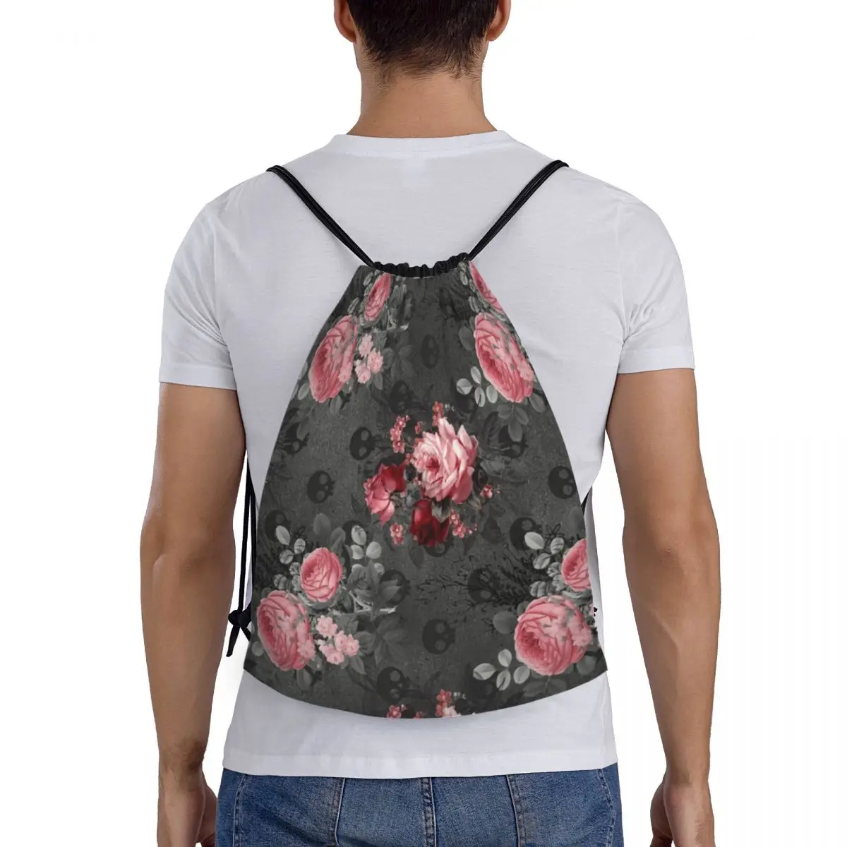 Mochila gótica con patrón de rosas y calaveras para hombre y mujer, bolsa ligera con cordón, Floral, gimnasio, deportes, sacos de entrenamiento