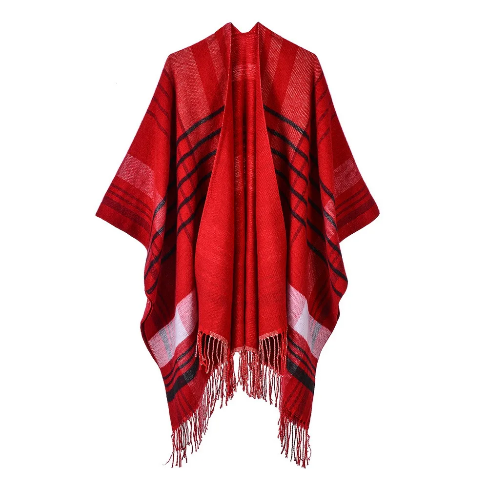 

Women's Scarf Lattice Tassel Imitation Cashmere Versatile Extra Thick Warm Shawl European American Cloak Cape Ponchos Red