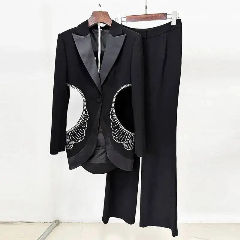 black Fashion 2 Pcs Set Women's Hollow Out Single Button Blazer High Waist Straight Pants Suit Summer New trendy clothes 7A84YC