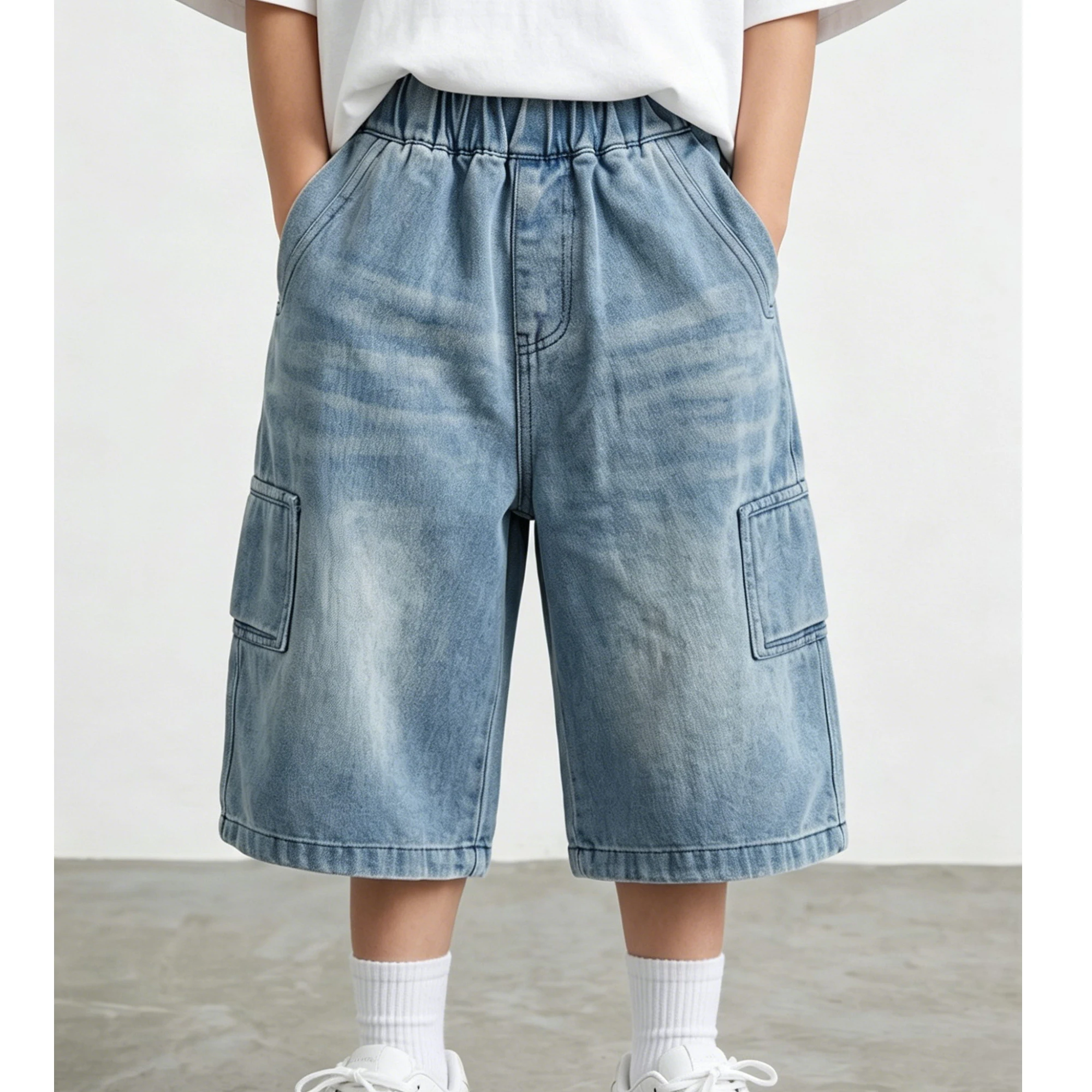Boys'  Summer Soft  Denim Short cropped trousers  Mid-Length Straight Loose Casual Versatile Pants