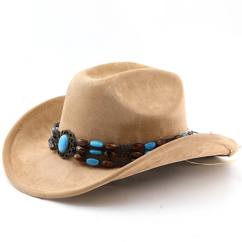Western-Cowboyhut aus Wildleder zum Reiten für Männer und Frauen, Outdoor-Reisehut mit gerollter Krempe, Zylinderhut im Ethno-Stil, Filzhut – Detail 7