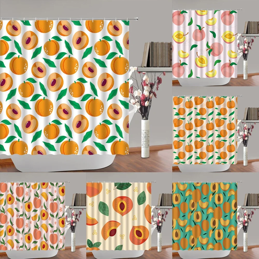 Peach Shower Curtain for Bathroom Decor Cute Pink Boho Tropical Fruit Orange Apricot Leaves Colorful Bath Curtains Set with Hook